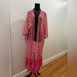 442. Bindya Red & White Printed Long Kimono Duster